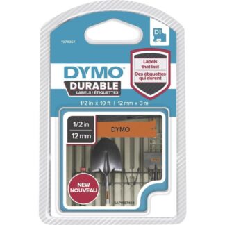 Dymo D1 12mm sort på orange bakgrunn